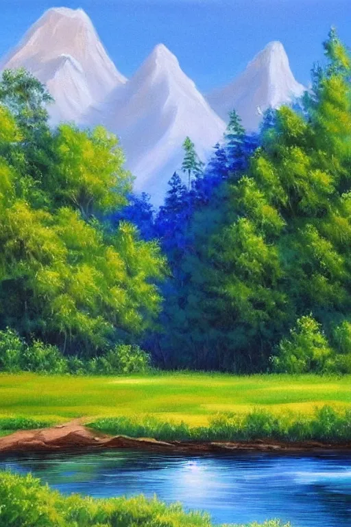 Prompt: a beautiful bob ross landscape painting