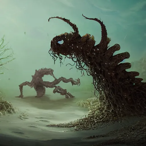 Image similar to stunning cinematic wide shot of a white sand beach with a forest of fulgurites surrounding a beautiful slick sea monster wearing clothes of kelp, fulgurites towering over the creature. well designed perfect with slick led eyes, sharp claws, cgsociety, hd octane render, fantasy, furry art, artstation, deviantart, furaffinity