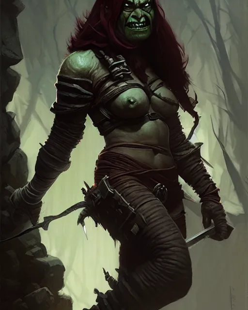 Image similar to a female orc rogue | | realistic shaded, dungeon and dragons, fine details, realistic shaded lighting poster by greg rutkowski, magali villeneuve, artgerm, jeremy lipkin and michael garmash and rob rey