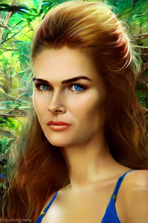 Image similar to mix of beautiful young maria shriver, mariel hemmingway, brooke shields, nicole kidman and elle macpherson as a young jungle girl swimming in a rockpool, thin lips, hair tied up in a pony tail, dark blonde hair, colorful, artstation, cgsociety