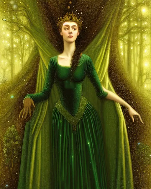 Image similar to nocturne, glowing, stars, a portrait of a beautiful medieval princess, tall and thin, highly detailed, mysterious, ethereal, dressed in green velvet and gold jewelry, haute couture, dark forest, illustration, dramatic lighting, soft details, painting, by edmund blair leighton, brom, charlie bowater, faces by otto schmidt