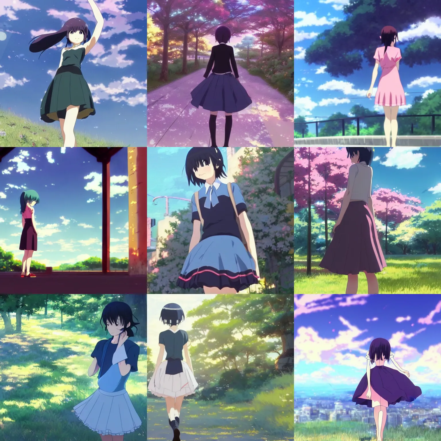 Prompt: beautiful short skirt, have a sense of design, animation, colorful in colour, by makoto shinkai