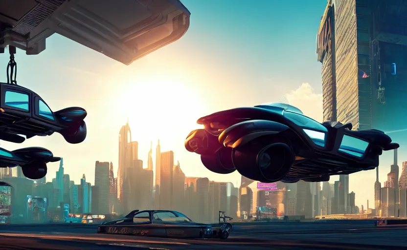 Image similar to photorealistic Flying Cars on cyberpunk roads. daylight. sunlight. lens flare. light fixtures. 8K. detailed. photorealism. artstation. 25mm f/1.7 ASPH Lens. ultra realistic