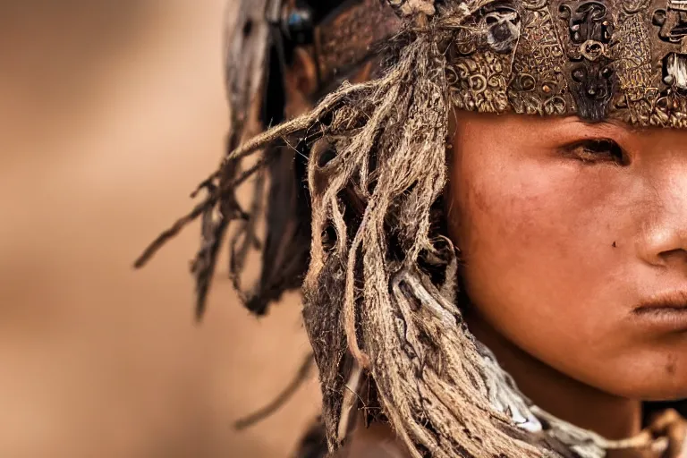 Image similar to close - up photo of a beautiful tai warrior princess in a battle scene, detailed eyes, shallow depth of field, photorealistic, cinematic lighting, lovely bokeh, warm colours, dusk