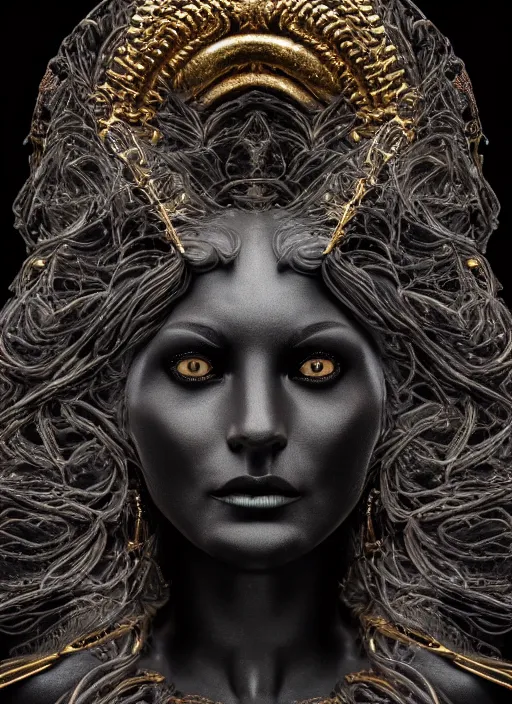 Image similar to a statue made of a gorgeous devil woman, made of black marble with gold veins, perfect symmetrical face, no eyes, hyper realistic, hyper detailed, fujicolor superia photo, by johannen voss, by peter kemp, by monia merlo, by michelangelo, octane render, blender, 8 k