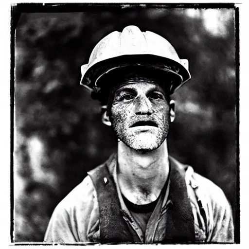 Image similar to portrait of coal mine worker by Diane Arbus, 50mm, bokeh