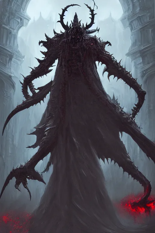 Prompt: a headless demon with unusually large arms as a Bloodborne boss, digital painting, WLOP, trending on artstation, 8k, epic composition, highly detailed, sharp focus