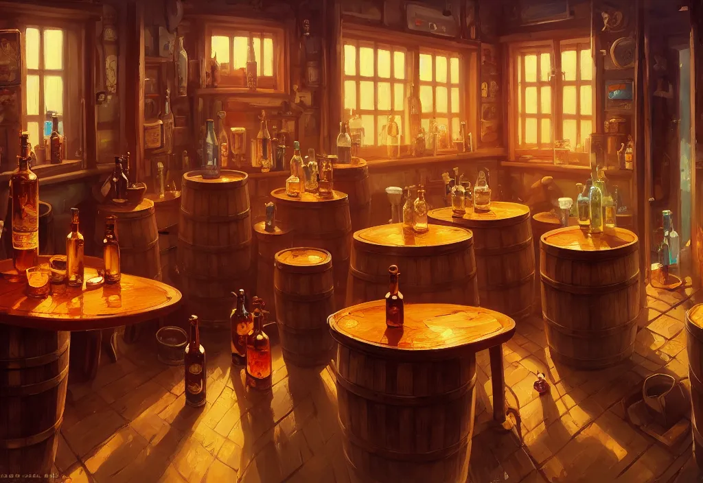 Image similar to small saloon interior with barrels tables and bottles, intricate oil painting, high detail illustration, sharp high detail, manga and anime 1 9 9 9, official fanart behance hd artstation by jesper ejsing and makoto shinkai, 4 k,