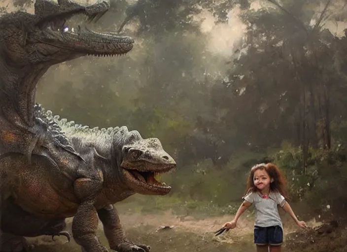 Image similar to a cute little girl with wavy curly brown hair meets a realistic accurate dinosaur. beautiful painting by greg rutkowski