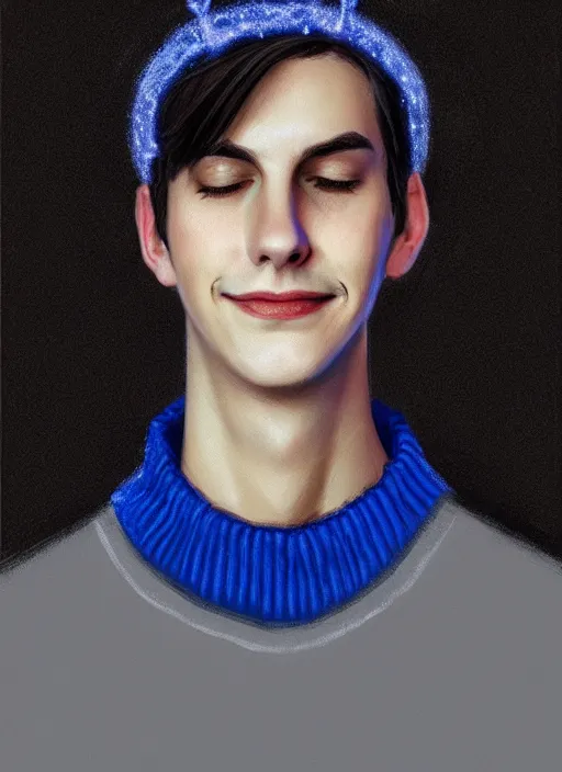 Image similar to portrait of teenage jughead jones wearing a light grey crown, crown, blue turtleneck, closed eyes, eyes closed, smile, crown, black hair, intricate, elegant, glowing lights, warm lighting, highly detailed, digital painting, artstation, concept art, smooth, sharp focus, illustration, art by wlop, mars ravelo and greg rutkowski