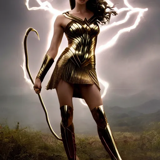 Image similar to Full body photo of the beautiful woman Gal Gadot as Medusa the greek goddess, she is looking straight to the camera, she has a glow coming from her, she is getting illuminated for rays of light, behind her is a scary atmosphere, the photo was taking by Annie Leibovitz, matte painting, oil painting, naturalism, 4k, 8k