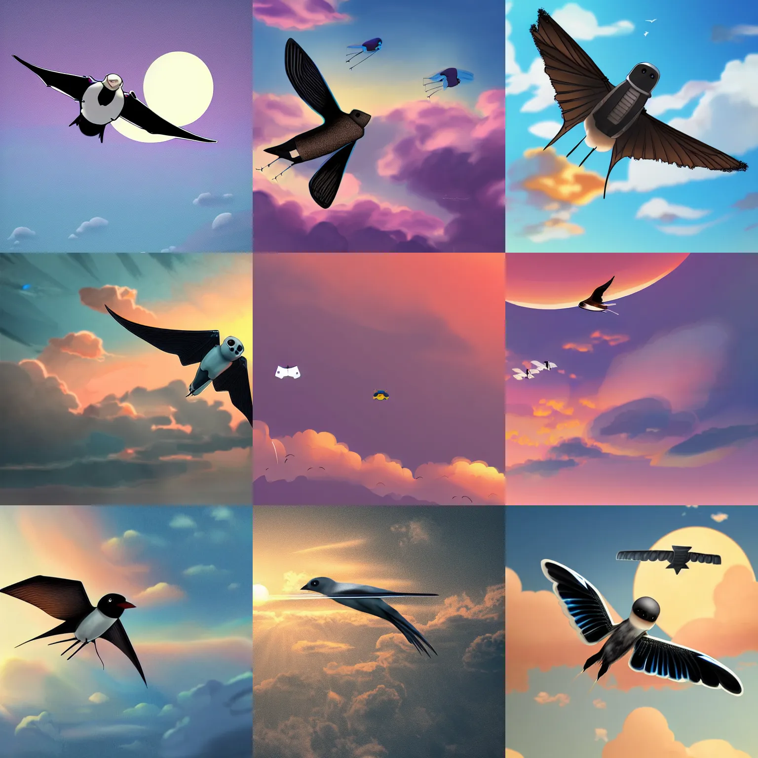 Prompt: a robot house martin flying in the sky, sunset, mechanical cute bird, fluffy clouds, beautiful digital art, pixiv