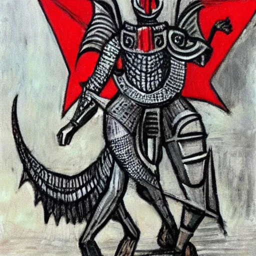 Prompt: black knight with a silver chain mail, he is riding a red dragon with huge wings, they are flying over a small town, concept art, oil painting by picasso