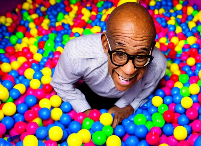 Prompt: photo still of al roker in a ball pit!!!!!!!! at age 4 6 years old 4 6 years of age!!!!!!!! hiding from parents, 8 k, 8 5 mm f 1. 8, studio lighting, rim light, right side key light