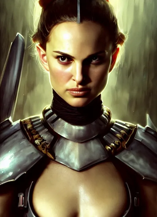 Image similar to young natalie portman, legendary warrior, warframe, lord of the rings, tattoos, decorative ornaments, battle armor, carl spitzweg, ismail inceoglu, vdragan bibin, hans thoma, greg rutkowski, alexandros pyromallis, cute, perfect face, detailed, sharply focused, centered, rule of thirds, photorealistic shading