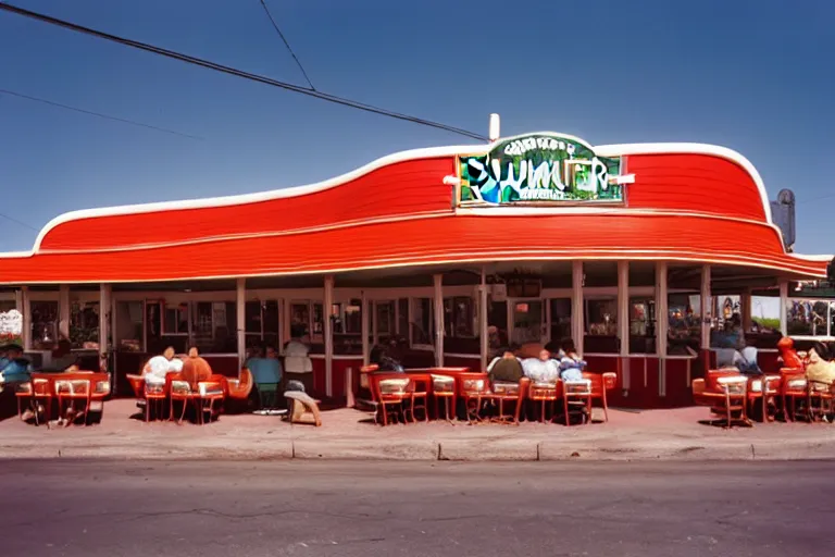 Prompt: 1 9 7 5 gumbo themed classic american diner, people sitting at tables, googie architecture, two point perspective, americana, restaurant exterior photography, hd 4 k, taken by alex webb
