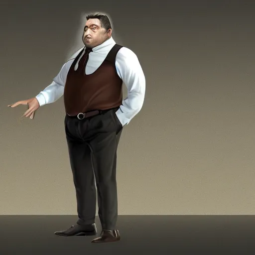 Image similar to a midage italian male, short hair with gel, overweight, fine white shirt, leather belt, suit pants, leather shoes, full body, isolated background, concept art, detailed, unreal engine