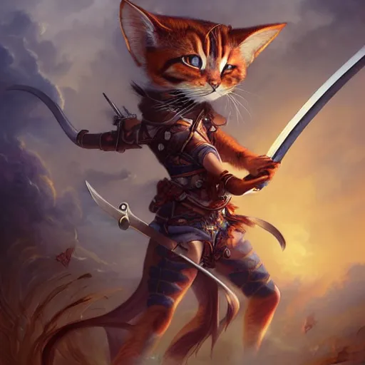 Image similar to anthropomorphic calico cat warrior wielding a sword, highly detailed matte fantasy painting, stormy lighting, by ross tran, by artgerm, by lisa frank, by brom, by peter mohrbacher