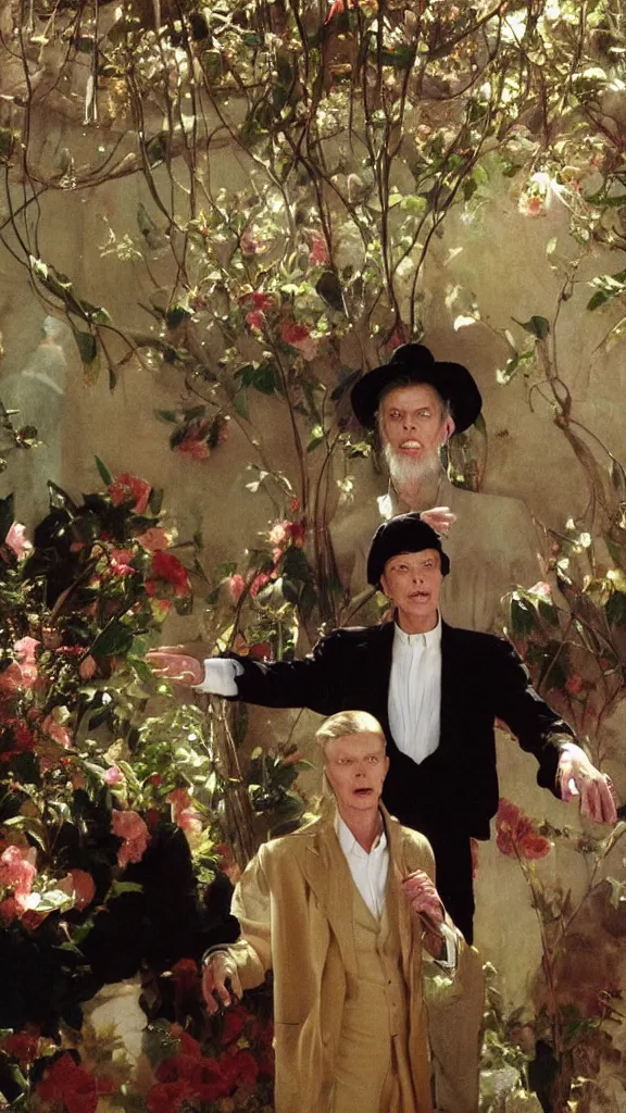 Prompt: david bowie in botanical room sing for ali khamenei by john singer sargent, cinematic, detailed