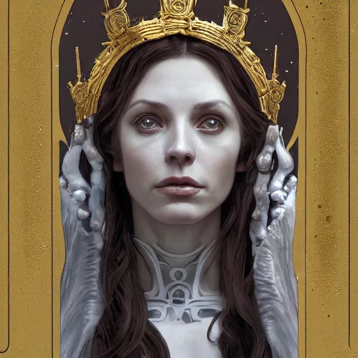 Image similar to portrait of Hecate as a marble statue skeleton, greek mythology, gold crown and filaments, intricate, headshot, highly detailed, digital painting, artstation, concept art, sharp focus, cinematic lighting, illustration, art by artgerm and greg rutkowski, alphonse mucha, cgsociety