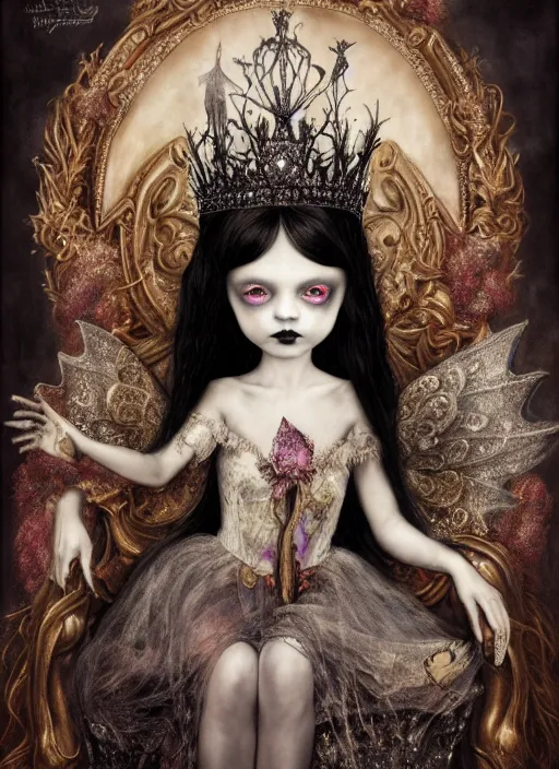 Prompt: highly detailed closeup portrait of a goth fairy princess wearing a crown and sitting on a throne, nicoletta ceccoli, mark ryden, lostfish, earl nore, global illumination, god rays, detailed and intricate environment