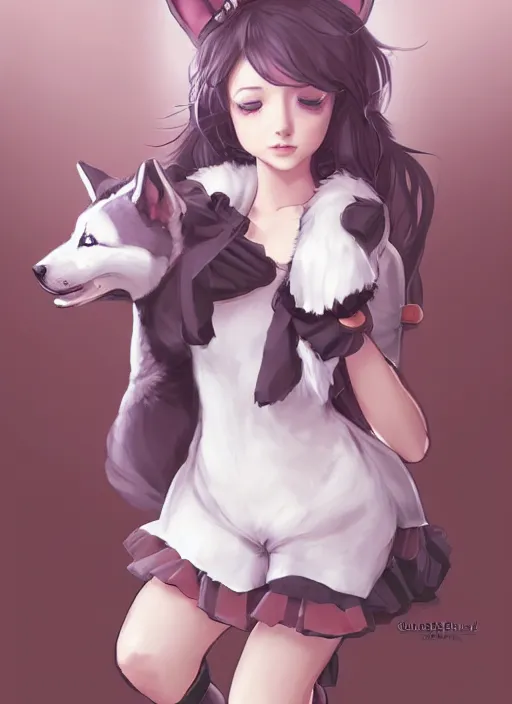 Image similar to beautiful portrait commission of a cute furry anthro husky dog fursona french maid clothes in a cozy home. character design by charlie bowater, ross tran, artgerm, and makoto shinkai, detailed, inked, western comic book art