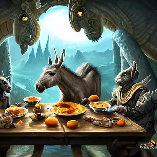 Prompt: zoom out, ultrarealistic, ultradetailed, war donkey eating breakfast, sitting on a futuristic table with aliens, at the end of the universe, very very very ultradetailed, epic fantasy style art, fantasy epic digital art, epic fantasy art, hearthstone style art