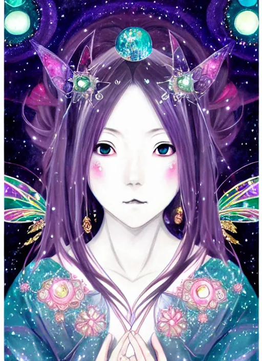 Image similar to japanese anime portrait of a beautiful witch, shinny star, cloak, royally decorated crystal gemstones, symmetrical face, portrait, cute, fairy, by mai yoneyama, artgerm, kelly mckernan, pixiv, detailed background, artstation, intricate, elegant, highly detailed, colorful, maximalist