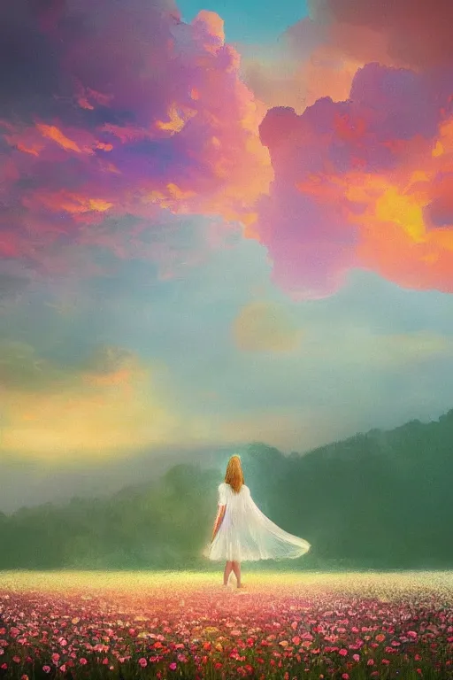 Image similar to giant white daisy flower veil, girl walking in a flower field, surreal photography, sunrise, dramatic light, impressionist painting, colorful clouds, digital painting, artstation, simon stalenhag