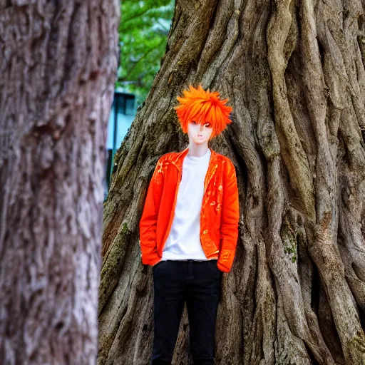 Image similar to orange - haired anime boy, 1 7 - year - old anime boy with wild spiky hair, wearing red jacket, standing under treehouse in city plaza, urban plaza, large tree, ultra - realistic, sharp details, subsurface scattering, godrays, intricate details, hd anime, 2 0 1 9 anime