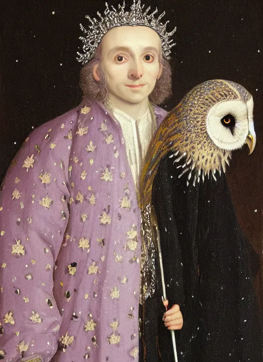 Image similar to close-up portrait of anthropomorphic owl Prince, man with a head of barn owl, glowing eyes, in a crown, wearing long royal robe, lilac, silver, black, bokeh, blurred space, stars, dreamy, romantic, painting in the museum, highly detailed, sharp focus, digital painting, artwork, by John James Audubon by Victor Adame Minguez by Yuumei by Tom Lovell by Sandro Botticelli