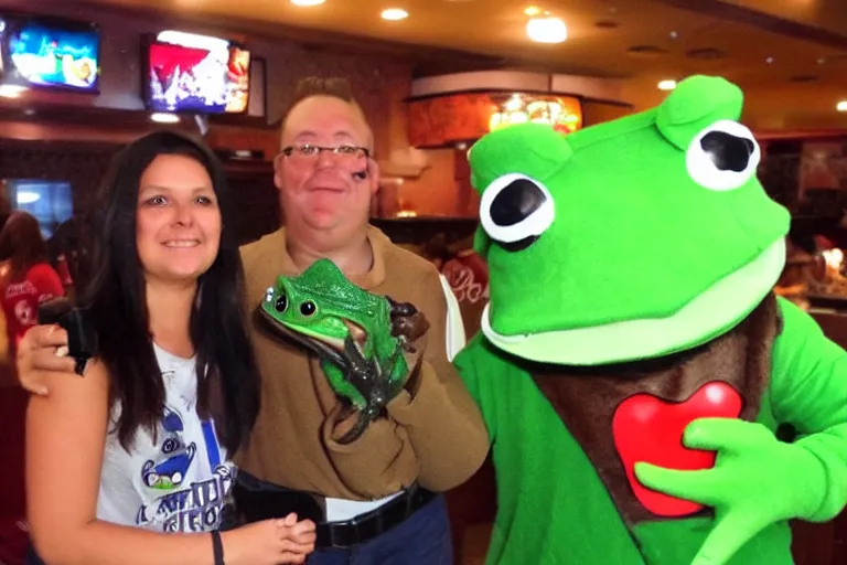 Image similar to taking a selfie with a frog fleshy mascot costume at an applebee's, cell phone photo