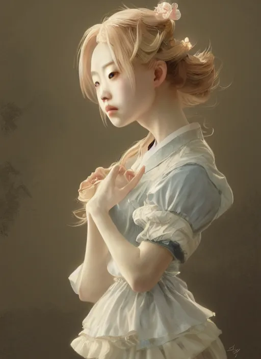 Prompt: portrait of a beautiful japanese girl with blonde hair dressed as a french maid, elegant, highly detailed, digital painting, 8 k, concept art, smooth, sharp focus, illustration, ethereal, misty, octane render, by ruan jia and zeen chin and greg rutkowski and alphonse mucha