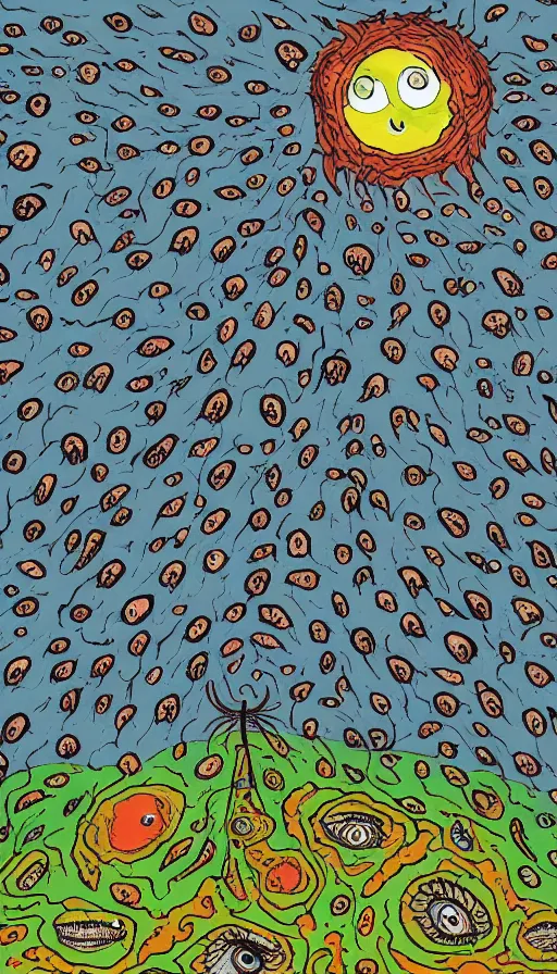 Image similar to a storm vortex made of many demonic eyes and teeth over a forest, by allie brosh