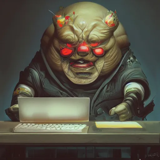 Image similar to a insanely detailed painting of a chubby masked asian man wearing a costume sitting at a desk, staring at the nervously at the computer typing, in the style of peter mohrbacher, dramatic lighting and composition, trending on artstation, concept art, comic book