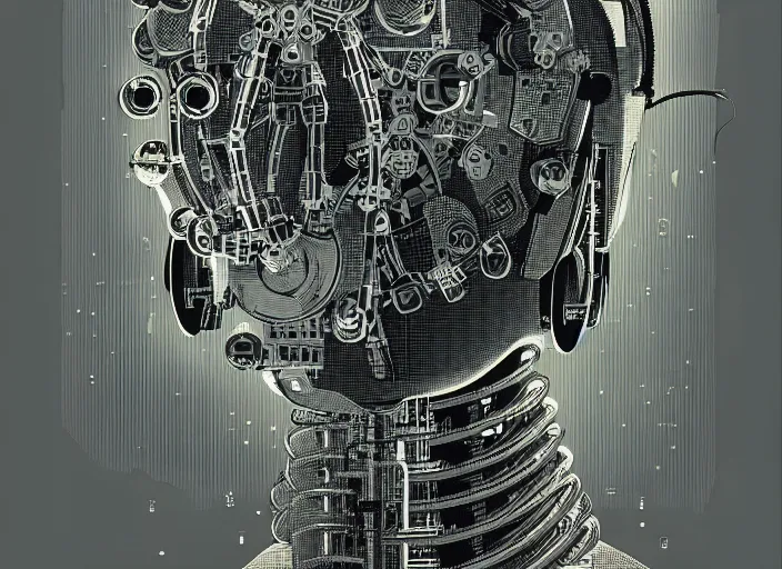 Image similar to is it a man or a machine, colorful, illustration by Mads Berg and Karolis Strautniekas,small finely stippled light, dramatic lighting,fine texutre, editorial illustration, detailed,katsuhiro otomo, dynamic composition,moody, cinematic, film grain