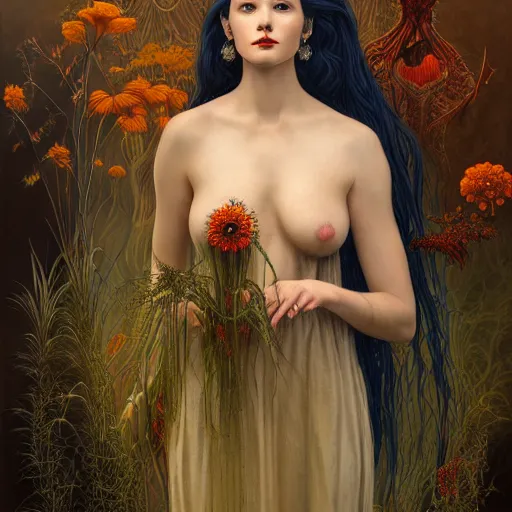 Image similar to facial portrait of a young gorgeous woman in flowing sensual dress, arrogant, long fine flowing hair, delicate, looking at camera, slightly awkward smile, realistic face, hands behind back, stylish, elegant, grimdark fantasy, flowers, extremely detailed painting inspired by Gerald Brom and Ernst Haeckel and Kaluta, studio lighting