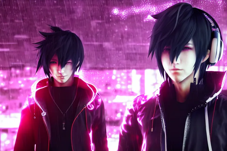 Image similar to Noctis with headphones is looking at a rainy window in the style of a code vein character creation, cyberpunk art by Yuumei, cg society contest winner, rayonism light effects and bokeh, daz3d, vaporwave, deviantart hd