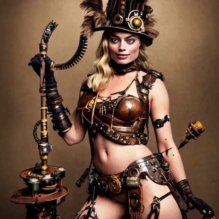 Image similar to full length portrait photograph of a margot robbie as a steampunk amazon warrior. Extremely detailed. 8k