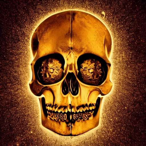 Prompt: a dark ominous chiaroscuro baroque still life photo of a single ray of light shining on a floating golden skull completely engraved in ancient runic inscriptions, messages, prophecies, spells by billelis. ominous darkness background. weirdcore