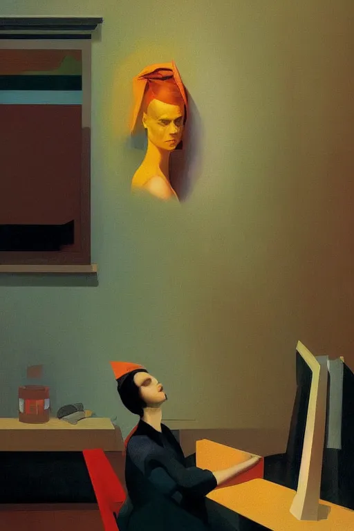 Prompt: woman put the trash on television through her head Edward Hopper and James Gilleard, Zdzislaw Beksisnski, higly detailed