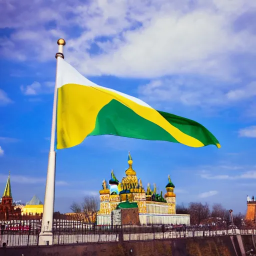 Image similar to A historic photo of Kremlin with Ukrainian flags, 4k, award-winning