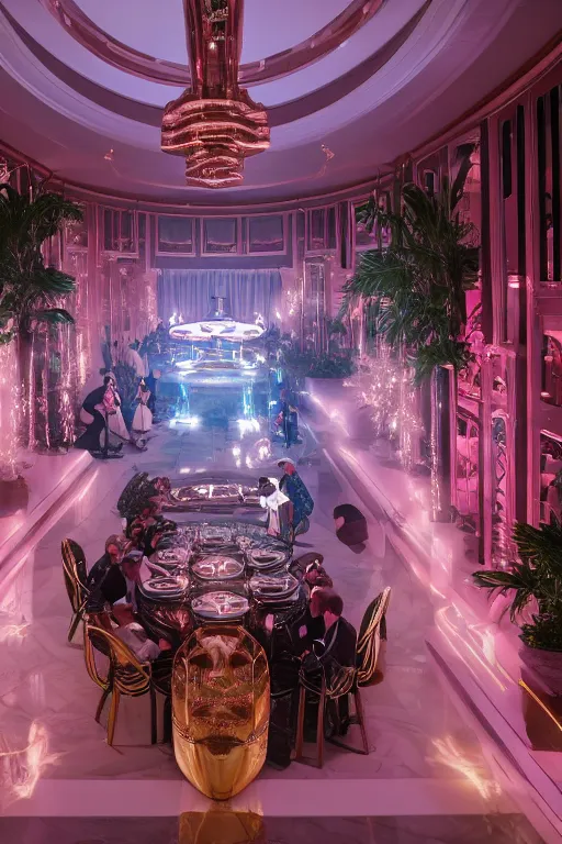 Image similar to a lavish great gatsby party full of people wearing futuristic attire in a mansion designed by ricardo bofill, flash photography, raytracing, 8 k, octane render, volumetric, vivid, beautiful, hyperrealism