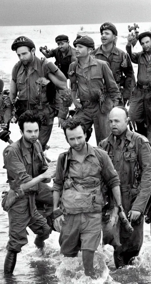 Prompt: charlie day, rob mcelhenney, glenn howerton, kaitlin olson, and danny devito are storming the beaches of normandy, 1 9 4 5, black and white, horrorscape