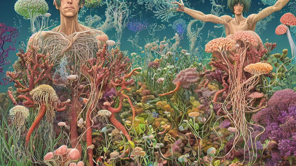 Image similar to highly detailed illustration of an anatomic human with all the known species of plants, flowers, corals, mushrooms and jellyfish by juan gatti, by makoto shinkai, by moebius!, by oliver vernon