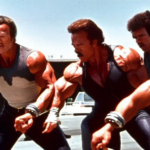 Image similar to arnold schwarzenegger and a group of other bad guys take over the year 1 9 8 0, then arnold makes the planet safe for himself and his gang by killing everyone, movie still