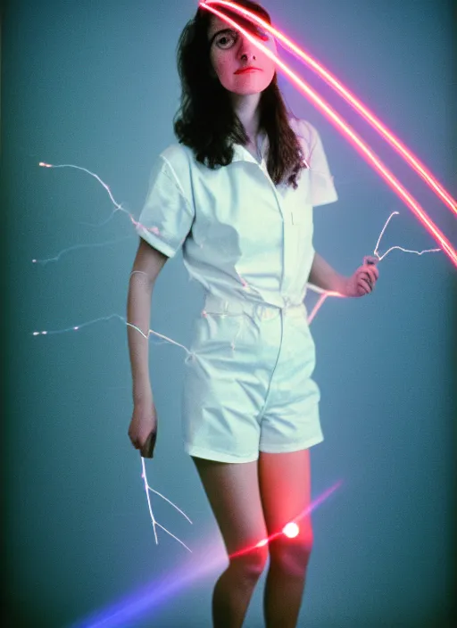 Image similar to realistic photo portrait of a a scientist girl dressed in white shorts, at glowing laser beams in a grey sky, covered with electricity, 1 9 9 0, life magazine photo, natural colors, museum collection, kodak