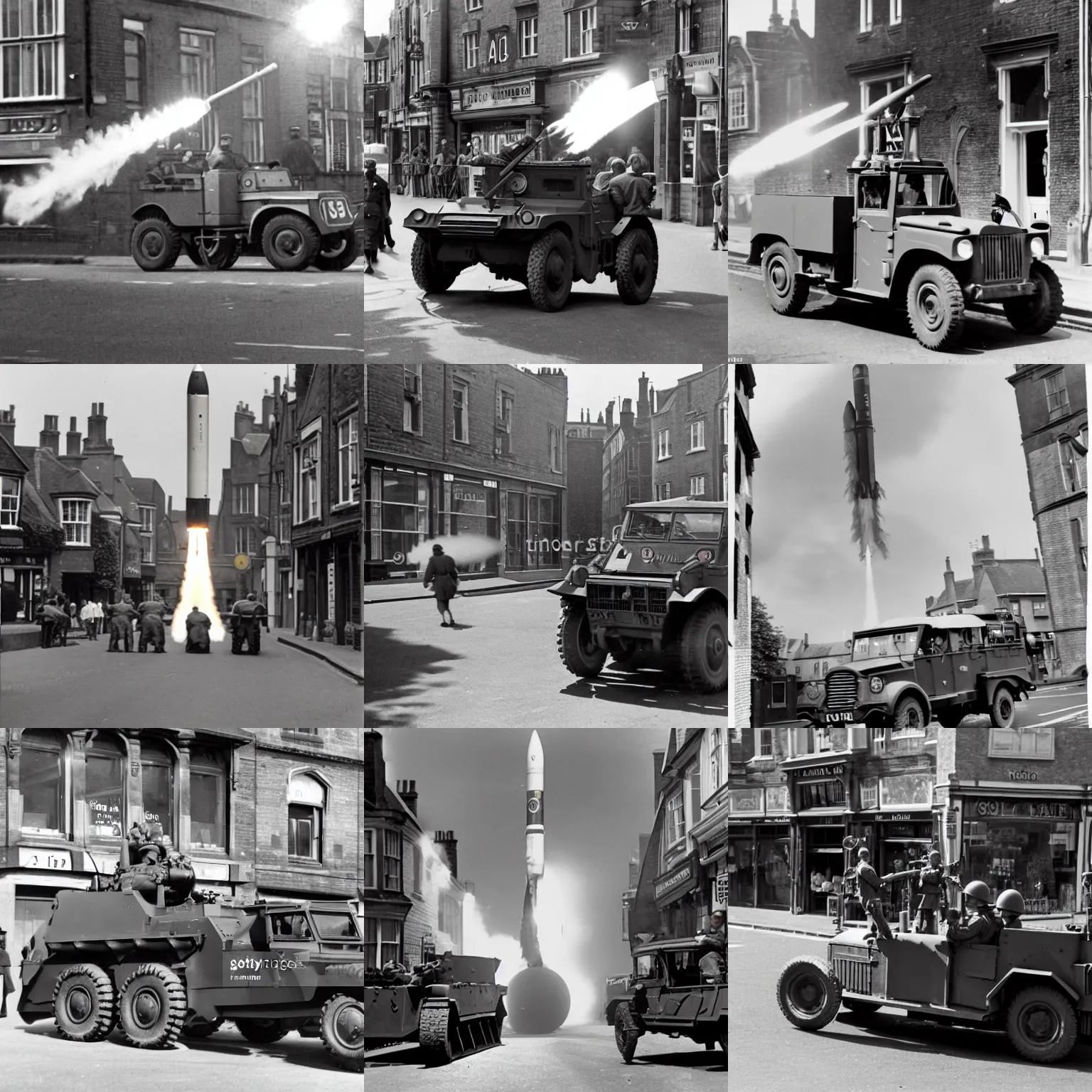 Prompt: a rocket is being launched from a military vehicle in canterbury high street, a stock photo by peter snow, shutterstock contest winner, video art, wide lens, anamorphic lens flare, stock photo, 1 9 4 5, ww 2