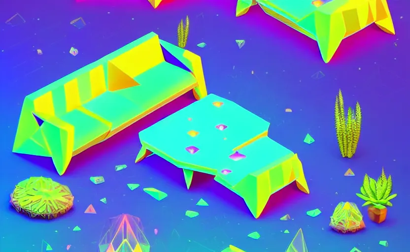 Image similar to isometric low poly isometric crystal plant sofa with alien aesthetic inspired by pandora in the avatar movie, it has bioluminescent plants growing on top of it, beautiful neon orange - yellow with blue hints and it's bedecked with some sparkling crystals all over the place. black background, night isometric artstation neon. behance, pinterest