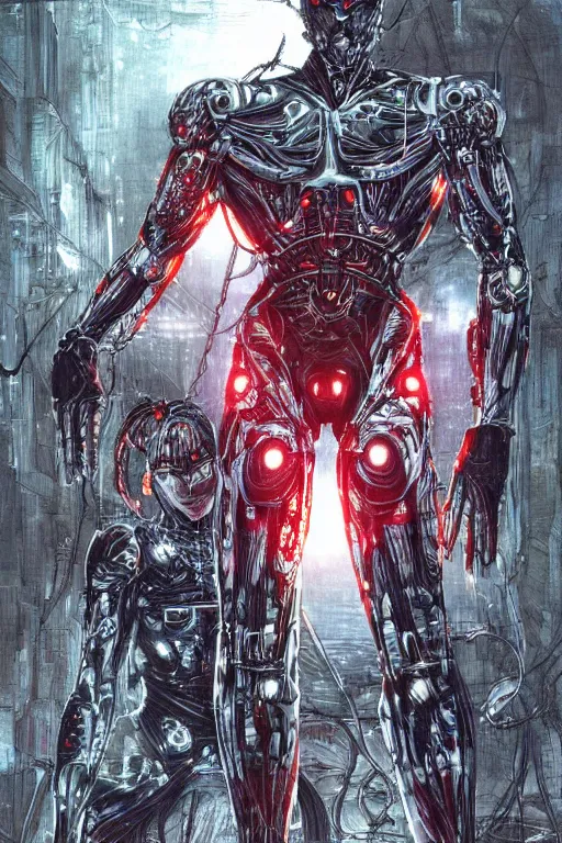 Prompt: cyborg warriors in crynet nanosuit with powerful biological muscle augmentation, at dusk, a color illustration by tsutomu nihei and tetsuo hara